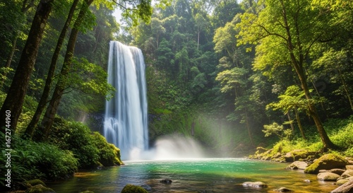 Lush jungle waterfall cascades into vibrant turquoise pool surrounded by dense green foliage and sunlight