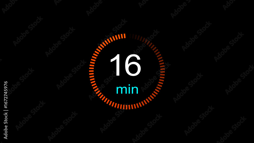 Fototapeta premium Abstract clock icon illustration. arrow Clock icon Digital and analog clock 16 minutes isolated on black background. and creating a stunning illustration.4k illustration 
