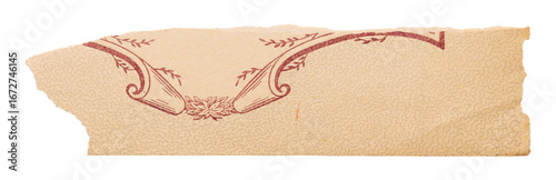 Tear strip of yellowed vintage book cover, old paper with red floral pattern isolated for collage