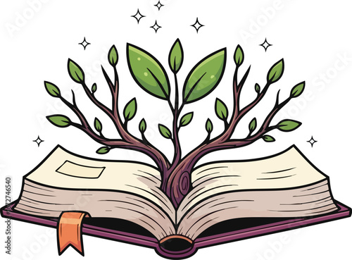A vibrant sapling sprouts from an open book, radiating magical sparkles.