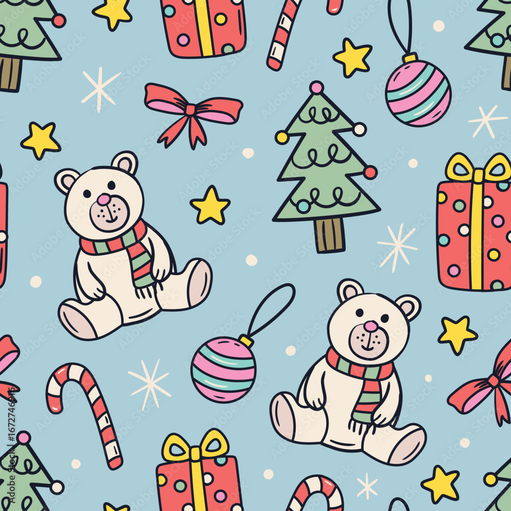 Naklejka premium Cute Christmas Seamless Pattern Christmas Teddy Bear Background Winter