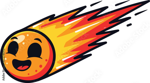 Cheerful cartoon comet blazing across a white background.