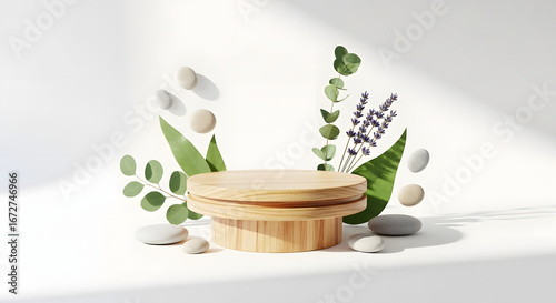 Round wooden podium with natural plant leaves
