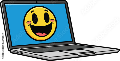 Happy emoticon displayed on a laptop screen.