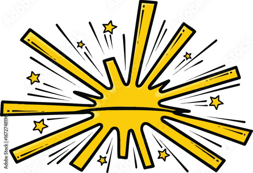 Yellow burst explosion with radiating lines and stars, comic book style.