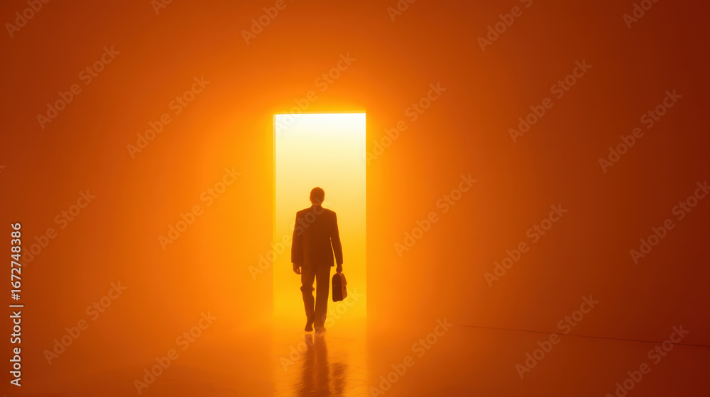 Obraz premium Silhouette of businessman walking through glowing doorway, symbolizing opportunity and new beginnings. warm orange light creates dramatic and inspiring atmosphere