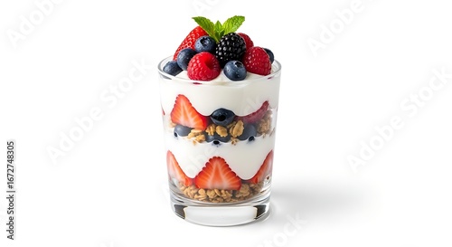 Delicious Berry Yogurt Parfait with Granola and Fresh Mint Isolated on White Background