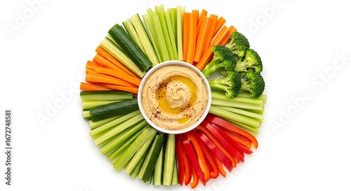 Healthy Vegetable Crudites Platter With Hummus Dip Isolated On White Background Top View