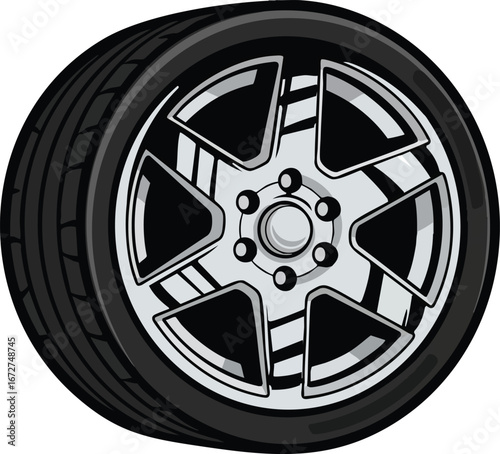 Stylish five-spoke alloy car wheel with performance tires.
