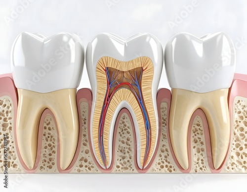 A cross-section view of a human jaw showing multiple teeth, one of which is dissected to reveal its internal structure, including the pulp chamber, root canals, and surrounding bone and gum tissue.