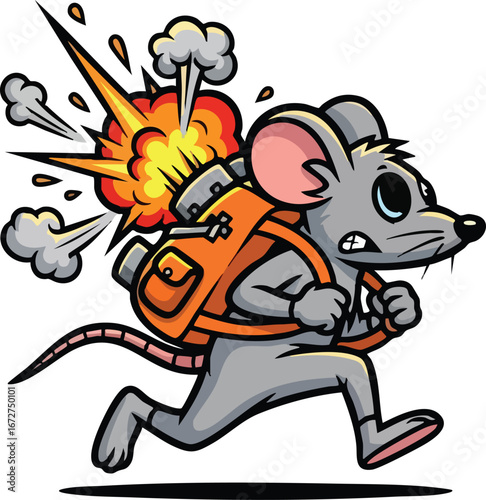 A stressed mouse sprints, propelled by a rocket backpack exploding behind it.