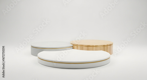 three round podiums made of wood and white stone