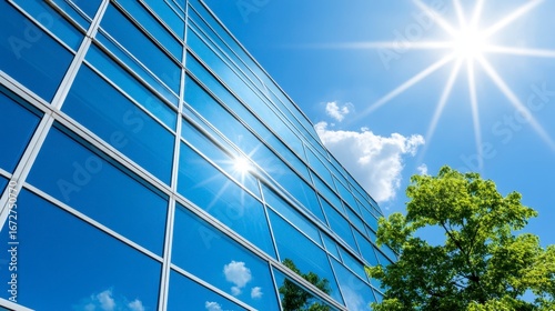 Modern Office Building with Glass Facade under Bright Sunny Sky