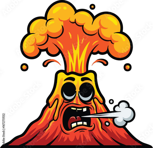 Cartoon volcano erupting, fiery lava, comical expression, hot magma, smoke.