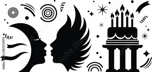 Black and white illustration of two stylized faces in profile, surrounded by celebratory elements like stars, swirls, and a birthday cake with candles on a pedestal.