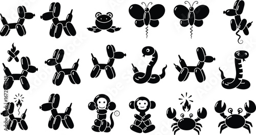Balloon animal silhouettes set, 18 black vector icons of twisted latex sculptures, inflatable party entertainment shapes for kids events