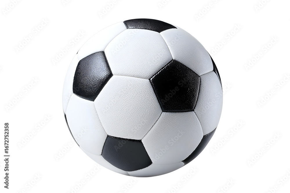 Naklejka premium Classic black and white soccer ball isolated on white background, traditional football for sports game, training, competition, and athletic recreation