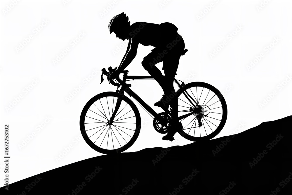 Obraz premium Cyclist Silhouette Racing Uphill Against Stark White Background, Conveying Themes of Competition and Athleticism.