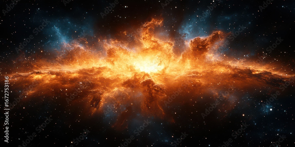 Fototapeta premium Vibrant cosmic explosion illuminates the night sky with swirling colors and starlit backdrop