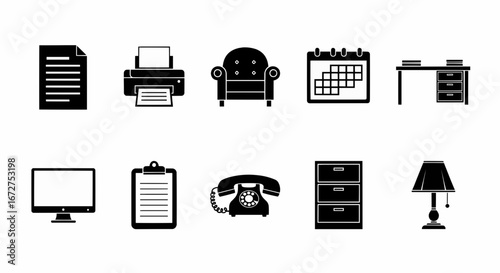 A set of office supply and furniture vector illustration icons