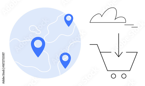 Blue geotags on a globe and outlined shopping cart with cloud download arrow. Ideal for digital retail, e-commerce, location services, global logistics, cloud computing, delivery tracking