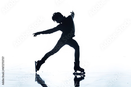 Dynamic silhouette of a male figure skater performing on the ice with a graceful pose.