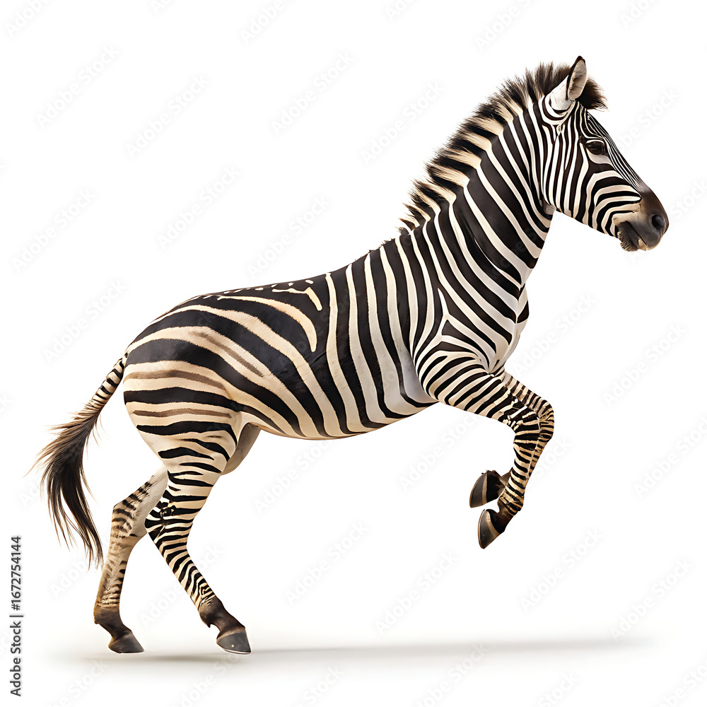 Obraz premium A zebra with black and white stripes is seen mid jump against a plain white background in a studio shot