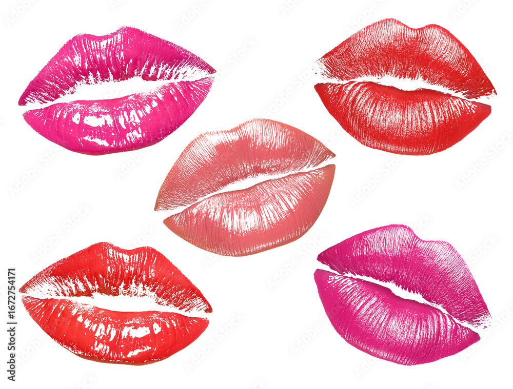 Obraz premium Lipstick kiss marks in different colors on white background, set