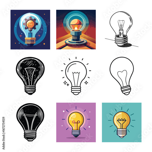 Innovation lightbulb vector icon pack featuring flat, line art, silhouette, and isometric designs – ideal for creative education, brainstorming sessions, e-learning branding, and startup visuals.