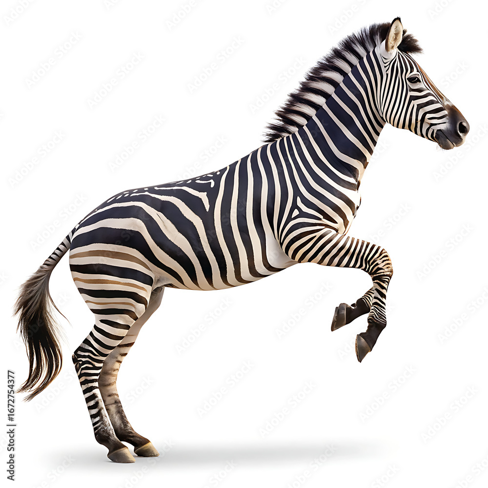 Fototapeta premium A zebra with black and white stripes is captured mid leap on a plain white studio background, isolated animal
