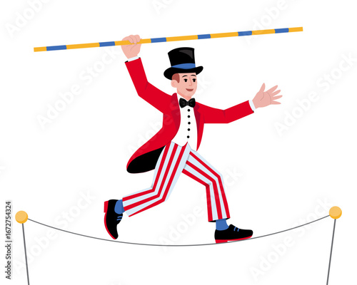 Tightrope walker in the circus. Circus, fair, carnival. Vector illustration