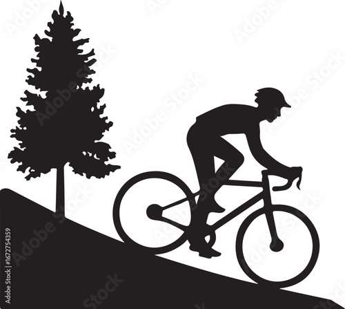 Silhouette of a cyclist riding on a winding mountain road isolated on transparent background