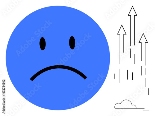 Large blue sad face contrasts with black rising arrows and simple cloud, symbolizing upward growth despite challenges. Ideal for business, personal growth, resilience, emotional balance, motivation