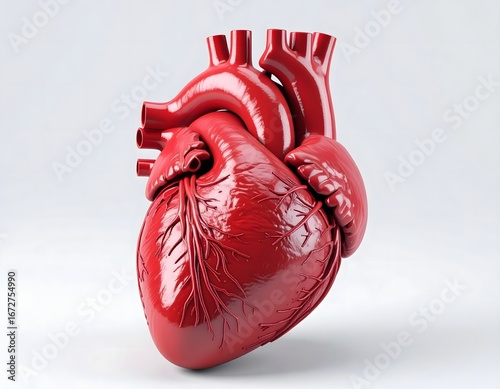 Model tiga dimensi jantung manusia, ditampilkan dalam warna merah, dengan latar belakang abu-abu.