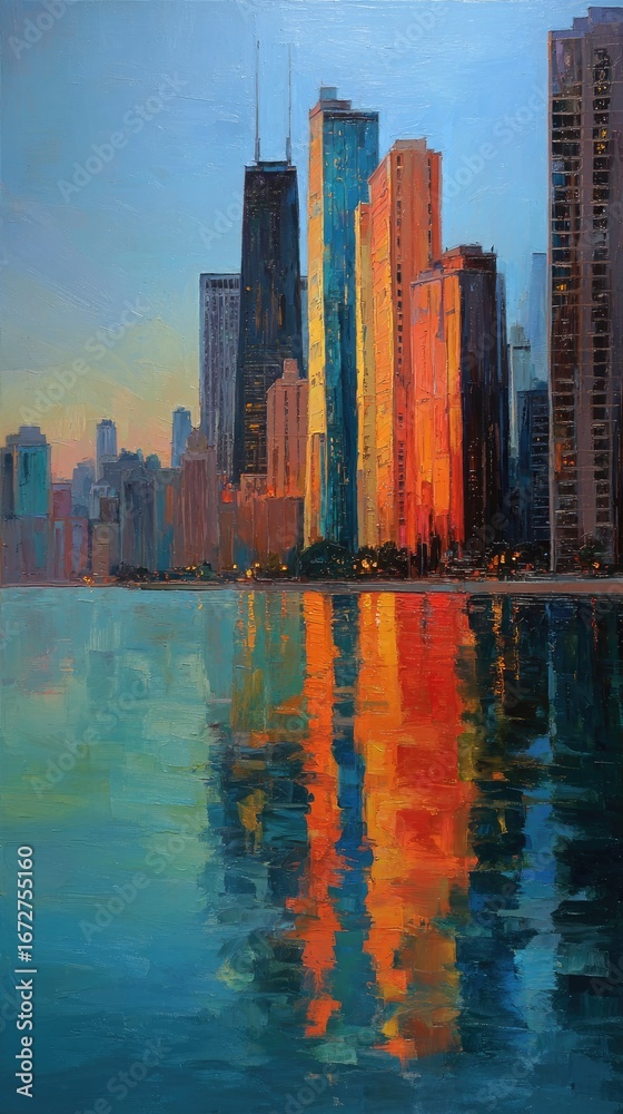 Fototapeta premium Chicago Skyline Sunset Reflection Painting