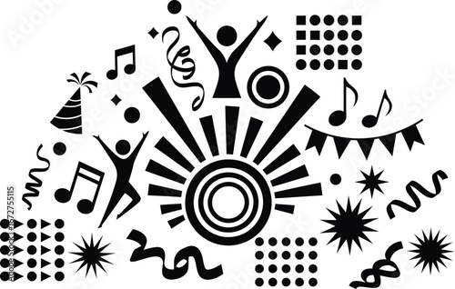 Black and white illustration of a festive party scene with dancing figures, musical notes, and celebratory elements.