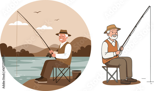 Two elderly men fishing by the lake in a serene outdoor setting  