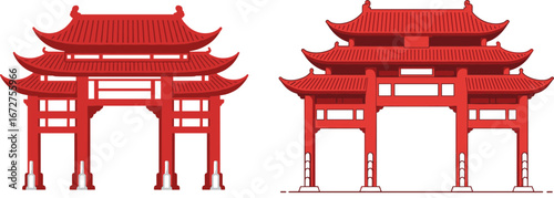 Traditional red Chinese architecture with ornate roof design  