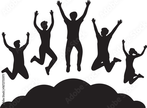 Joyful people jumping with excitement silhouette icon isolated on transparent background