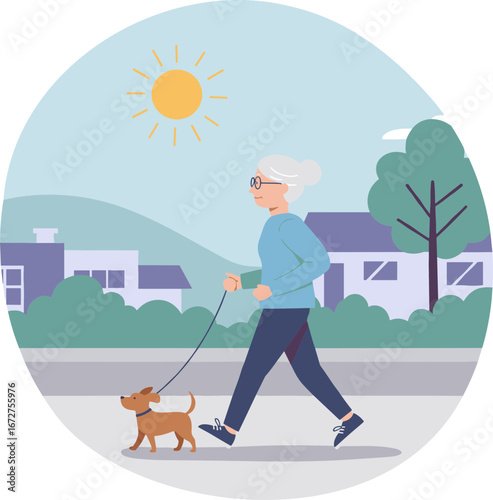 Elderly woman walking dog outdoors on sunny day in neighborhood  