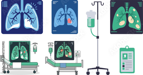 Medical illustrations of lung health monitoring and treatment equipment  