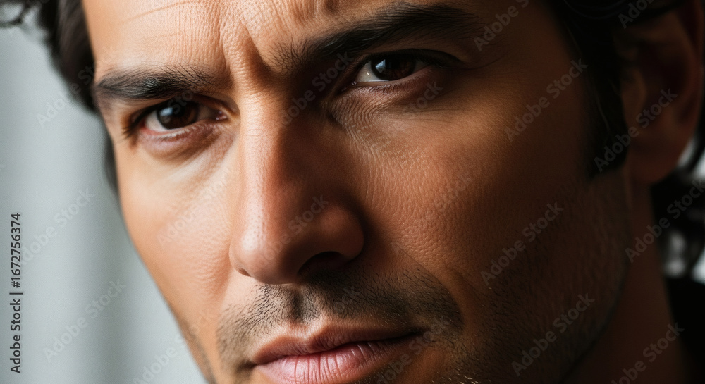 Obraz premium Close up portrait of a man with dark hair and intense gaze looking directly at the camera lens