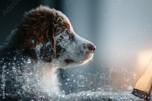 Puppy's morning adventure: a human-like laptop session. Ai data landscape. Tomorrow? data is managed in space, not on screens. Puppy light. Puppy delight.