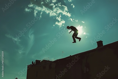 Silhouette of a Free Runner in Mid-Air Against a Vibrant Sky, Embodying Freedom.