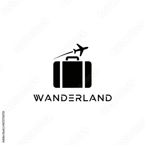 A simple logo design featuring a suitcase and an airplane, symbolizing travel and adventure.