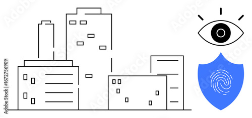 Outline of city buildings, open eye conveying monitoring, and shield with fingerprint depicting security. Ideal for privacy, surveillance, urban safety, technology, digital security, smart cities or