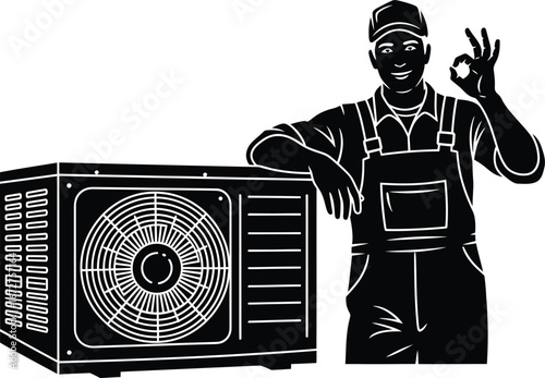 Silhouette of an HVAC technician giving an OK sign next to an outdoor air conditioning unit.
