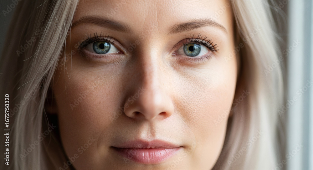 Fototapeta premium Close up portrait of a woman with blonde hair and blue eyes looking directly at the camera indoors