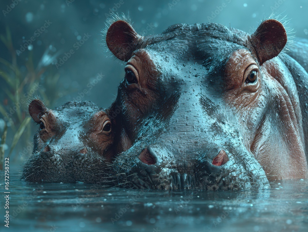 Fototapeta premium Hippos basking in a serene water habitat while a young calf stays close to its parent during a misty evening
