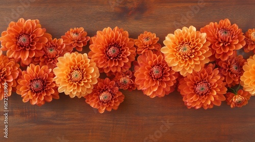 A rustic dark wood background provides the setting for vibrant orange autumn flowers